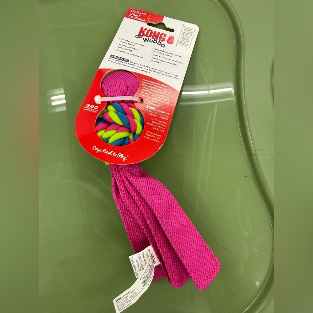 Small Kong Wubba Tug Toy in Bright Pink with Multicolor Braided Knot - Picture 4 of 4